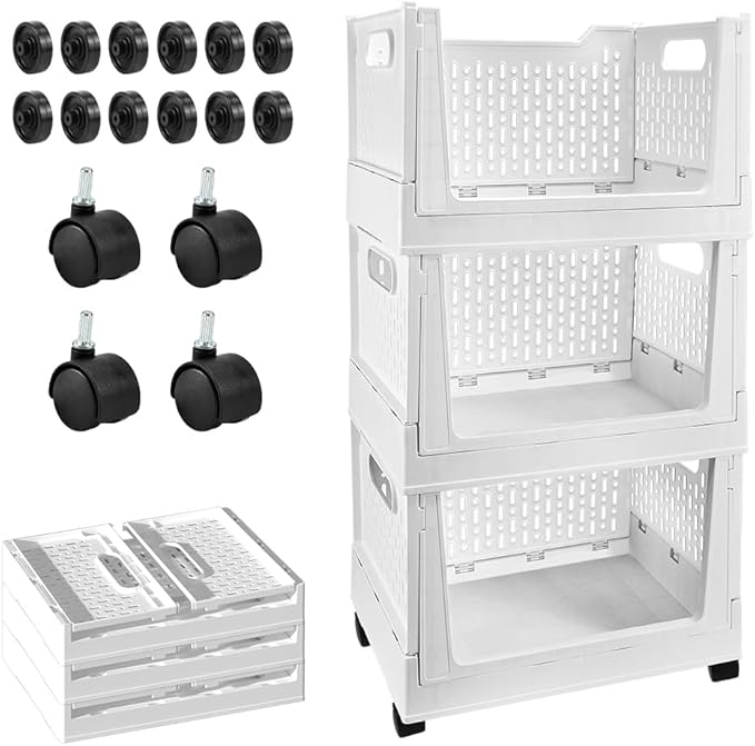 Stackable Plastic Storage Basket, 3 Pack Foldable Closet Organizers and Storage Bins with Wheels, Collapsible Drawer Shelf St