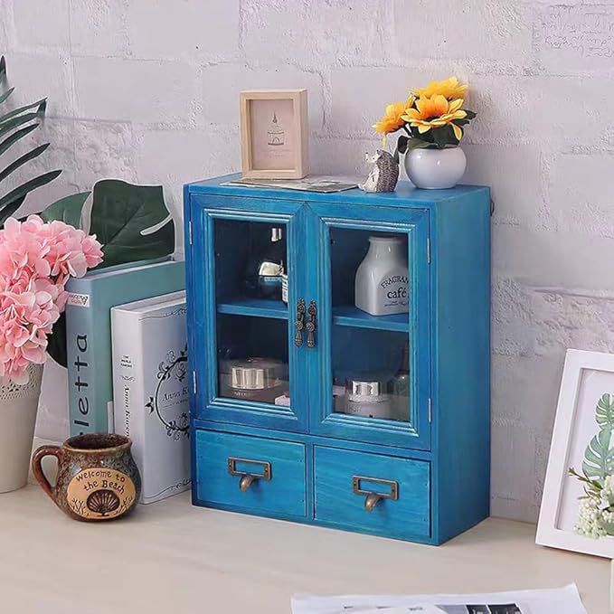Rustic Vintage Mini Wood Counter Top Cabinet,Display Case with Organic Glass Door,Wall Storage Cabinet, that Sits on Countert