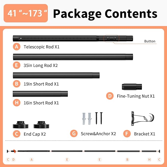 Tension Curtain Rod 41-173In, Outdoor Extra Long Curtain Rod No Drilling for Window or Bathroom Patio, Adjustable Heavy Duty 