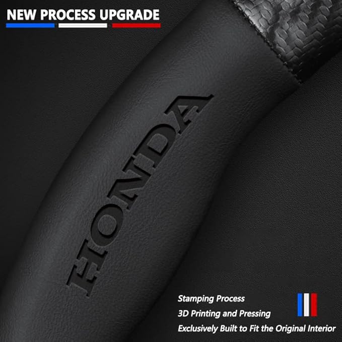 Customized Steering Wheel Cover Compatible with Honda, Nappa Leather & Carbon Fiber Design Car Steering Wheel Cover, with Coasters and 3-in-1 USB Fast Charging Cable (Black)