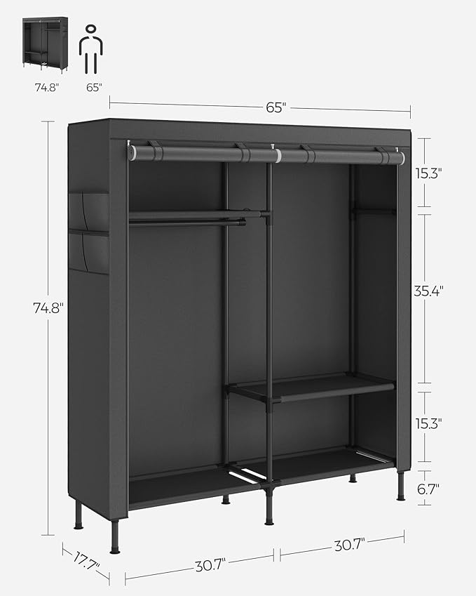 SONGMICS Wardrobe Closet, 65 Inch Heavy Duty Portable Closet, Freestanding Closet Organizer, Clothes Rack with Cover, 2 Hangi