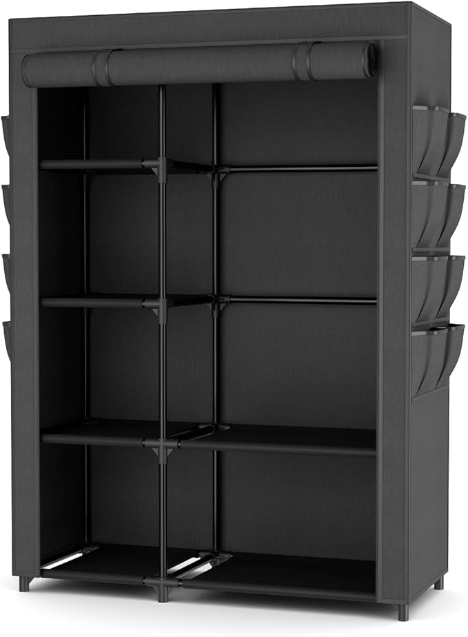 Portable Closets for Hanging Clothes, Wardrobe Closet with Hanging Rod and Clothing Storage Shelves, 8 Side Pockets, Free Sta