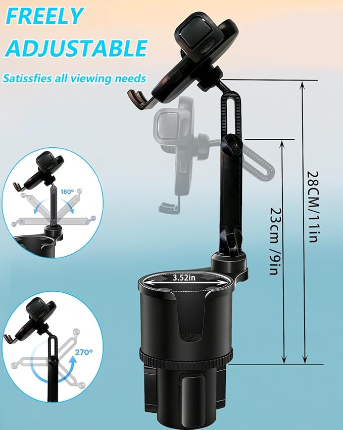 Cup Phone Holder for Car with Expandable Base, 2 in 1 Height-Adjustable Dual Cell Phone Holders Car Cupholder Mount, Friendly Fit Large Bottle & iPhone All Cellphone for Truck SUV | No Shake Design