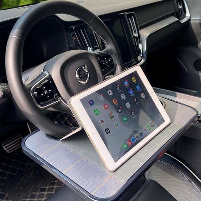 Steering Wheel Tray for Car - 16" Universal Wood Grain Desk Organizer with Cup Holder, Food & Laptop Tray for Vehicles with Up to 15" Steering Wheel (Brown)