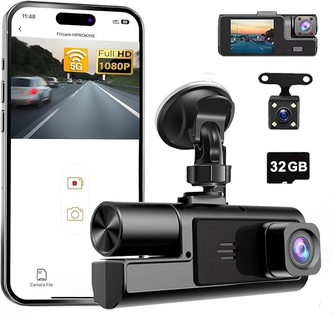 WiFi 1080P 3 Channel Dash Camera for Car Front and Inside Dashcam Car Security Video Recorder,170°Wide Angle Vehicle Cam,WDR,