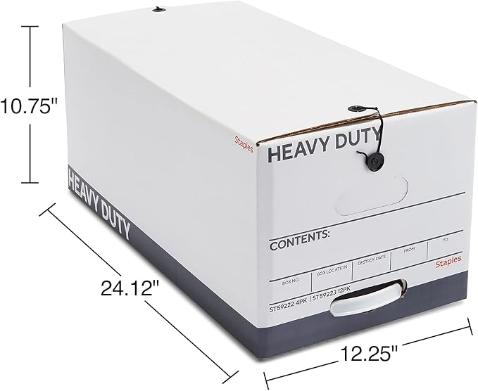 STAPLES Storage & Filing Box, Heavy-Duty with Handles & String-Button Lid, Letter Size Documents, Stackable, 4-Pack, White/Gr