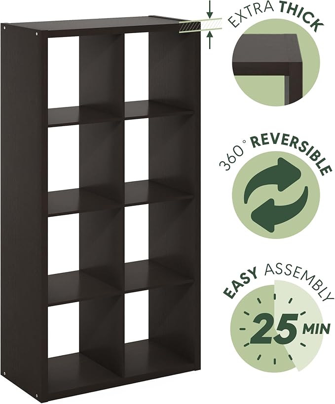 Furinno CUBICLE Book Shelf, 8-Cube Bookshelf, Extra Thick Frame Horizontally & Vertically Reversible Bookcase with Open Back,