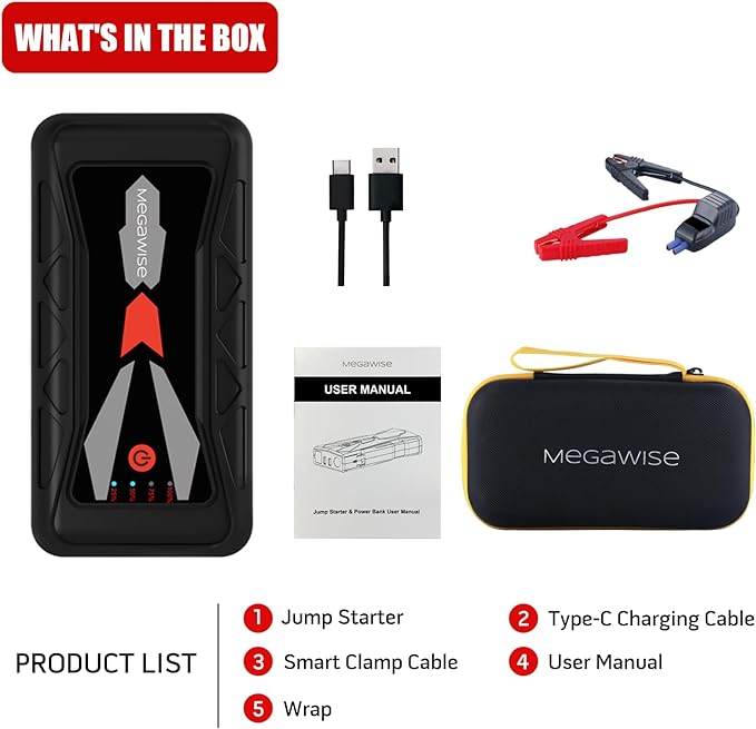 MEGAWISE 1500A Peak 16800mAh Car Battery Jump Starter Booster (up to 7L Gas or 5L Diesel Engines), 12V Portable Power with