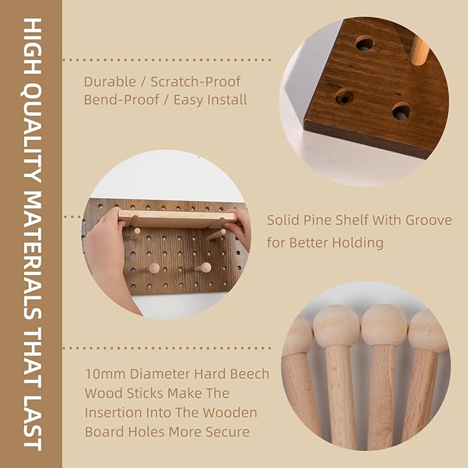 Brown Wood Pegboard Modular Display Wooden Pegboard Combination Wall Organizer Storage Wall Hooks Shelf for Home, Office, Bat