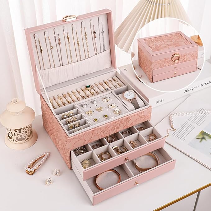 TOFUNTOY Jewelry Organizer Box, Large Jewelry Boxes for Women, 3-Layer Jewelry Holder Organizer for Necklace Earrings Rings B