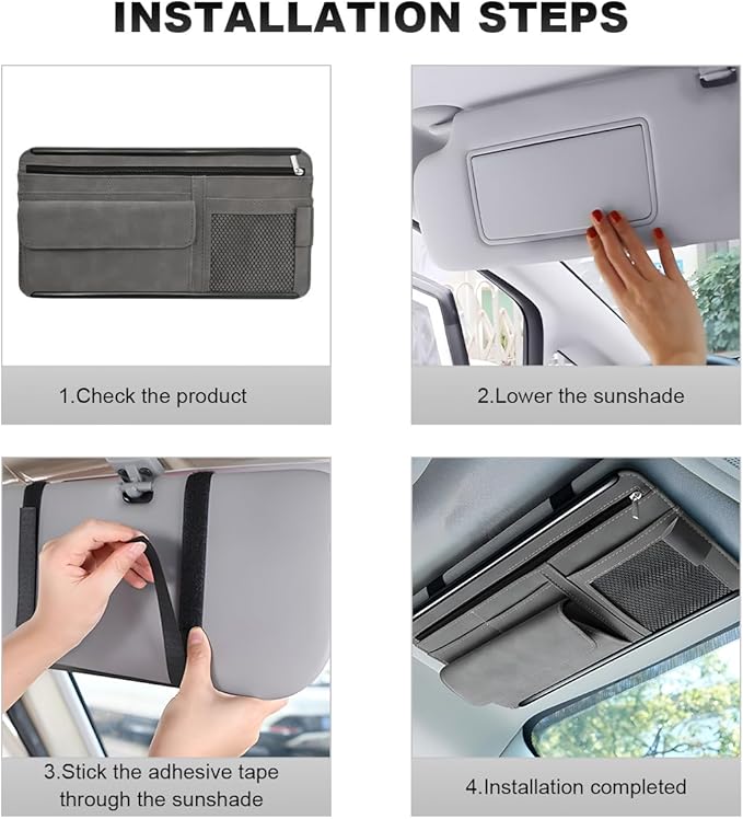 Car Sun Visor Organizer, Leather Sun Visor Pocket Organizer Case with Multi-Pocket Net Zipper, Suede Note Holder Car Visor Storage Pouch for Card Pen Sunglasses Document (Gray)