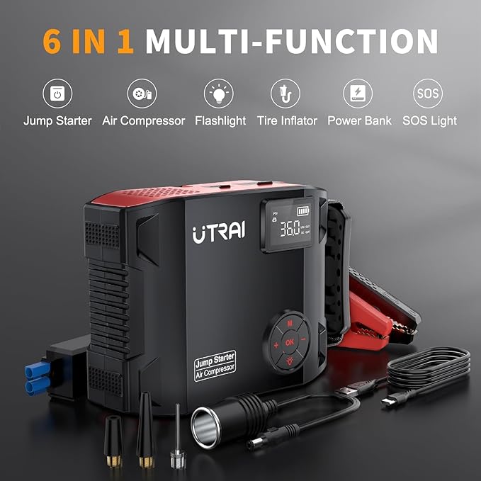 UTRAI Jump Starter with Air Compressor, 7000A 27000mAh Car Starter Jump Box with 150PSI Tire Inflator, Portable Jump Pack (All Gas/10L Diesel), DC160W, QC3.0 Jumper Cables, 1600LM Light