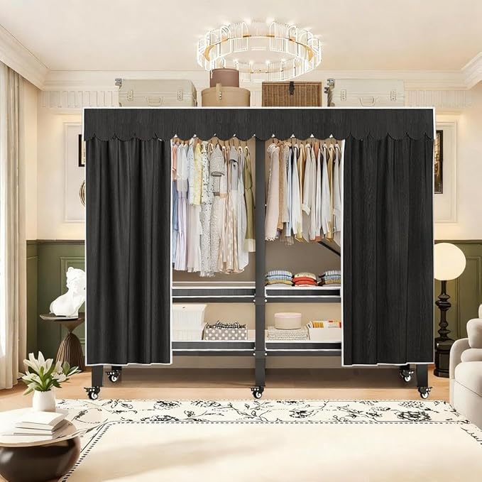 YTLEMON Heavy Duty Wardrobe Closet with Cover, Metal Rolling Clothes Rack, Foldable Portable Closet Organizer System Freestan
