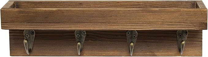 MyGift 10 Inch Floating Wall Shelf with Hooks, Dark Brown Wood Entryway Storage Shelf with 4 Metal Key Hooks