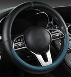 Morandi Color Steering Wheel Cover, Nappa Leather, Fashionable Sporty Style, Universal 15 inches,Black and Blue
