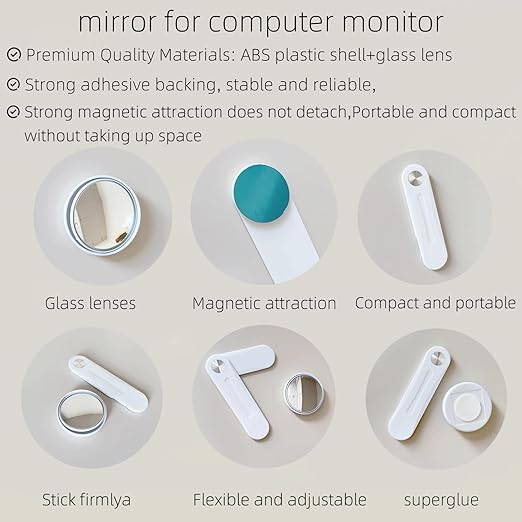 Premium Adjustable Computer Monitor Rear View Mirror，Desk Blindspot Office Cubicle to See Behind You，Stick-on Convex Mirror with Bracket for Personal Safety or Privacy Decor Accessories ( White )