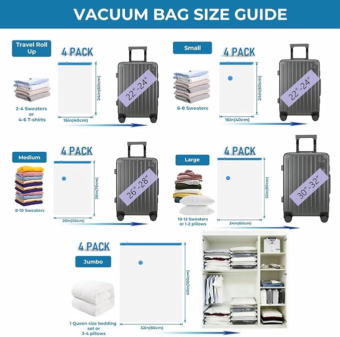 Travel Vacuum Bags with Rechargeable Cordless Pump, 20 Pack Vacuum Seal Bags for Clothing Travel Compression, Space Saver Vac