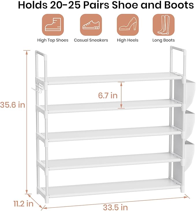 VILICK Shoe Rack for Closet Shoe Organizer Space Saver Storage for 20-25 Pair Shoe Shelf with Hook and Side Pocket Free Stand