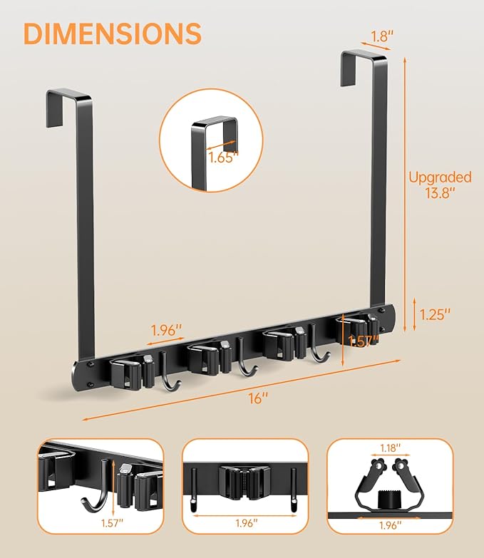 Broom Holder Over The Door - 304 Stainless Steel Mop and Broom Holder Wall Mounted or Hanging Over The Door with Hooks - Broo