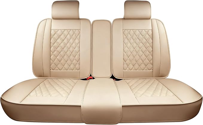 Huidasource Beige Car Rear Seat Covers, Nappa Leather Back Seat Cover, Automotive Rear Bench Seat Cushion Cover Universal Fit