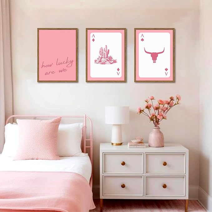 Western Wall Art Set of 3, Southwestern Cowboy Playing Card Wall Decor, Pink Longhorn Bull Skull and How Lucky are We Poster 