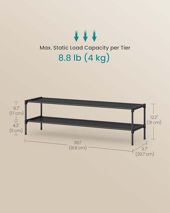 SONGMICS Shoe Rack, 2-Tier Shoe Storage Organizer, Space-Saving, 11.7 x 36.1 x 12.2 Inches, Entryway, Metal Frame, Non-Woven 