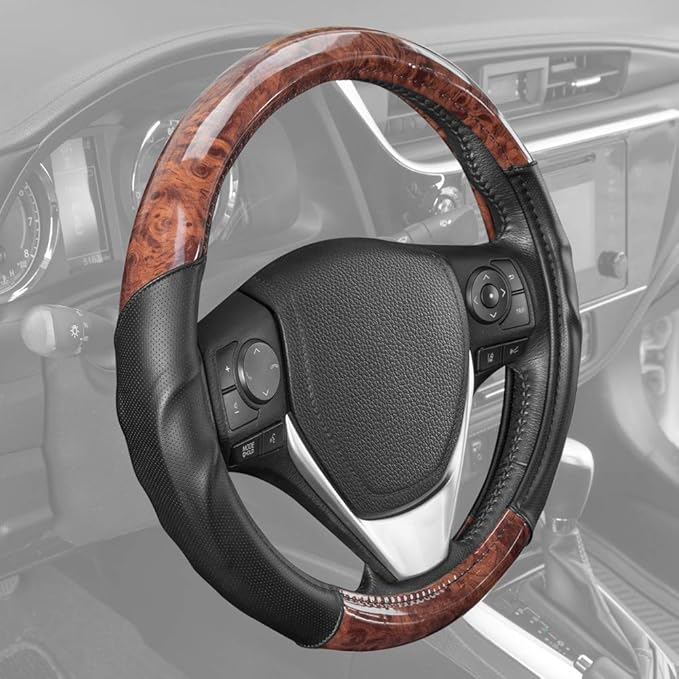 BDK Dark Wood Grain Steering Wheel Cover with Black Faux Leather Comfort Grip, Standard 15 inch Size, Car Steering Wheel Cove