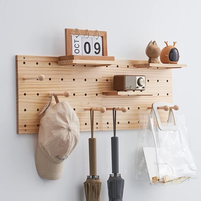 Wood Pegboard Combination Wall Organizer Kit, Wooden Display Pegboard Panel Kits for Bedroom, Study, Office, Bathroom, 2 Piec