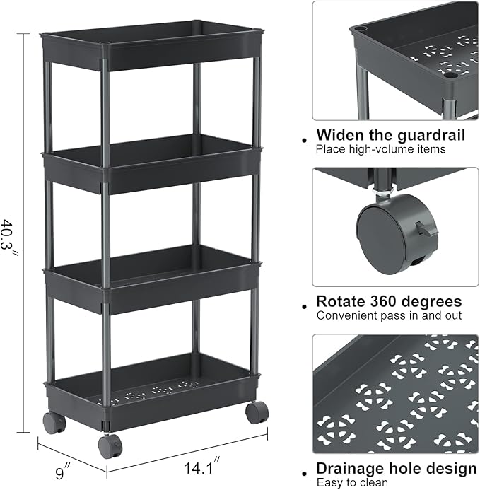 Sooyee 4 Tier Wide Storage Cart Mobile Shelving Unit Organizer Slide Out Storage Rolling Utility Cart Tower Rack for Kitchen 