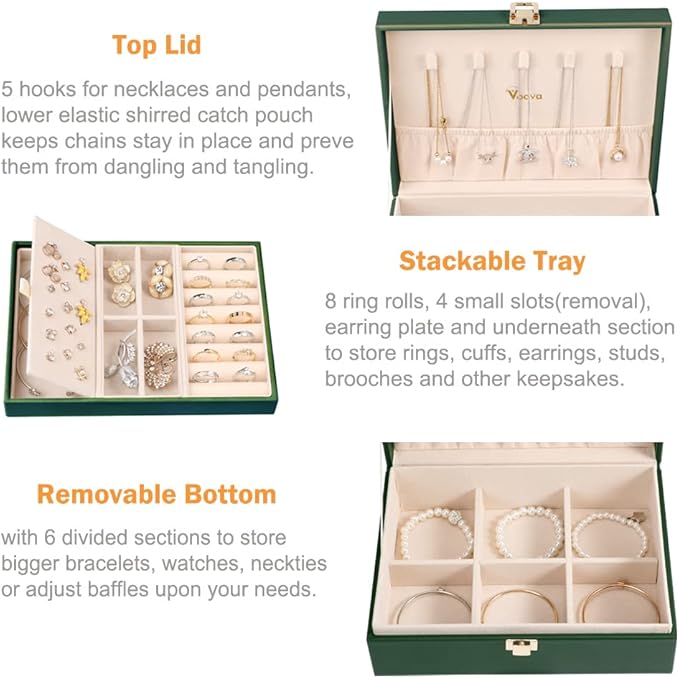 Voova Jewelry Box Organizer for Women Girls, 2 Layer Large Men Jewelry Storage Case, PU Leather Display Jewellery Holder with