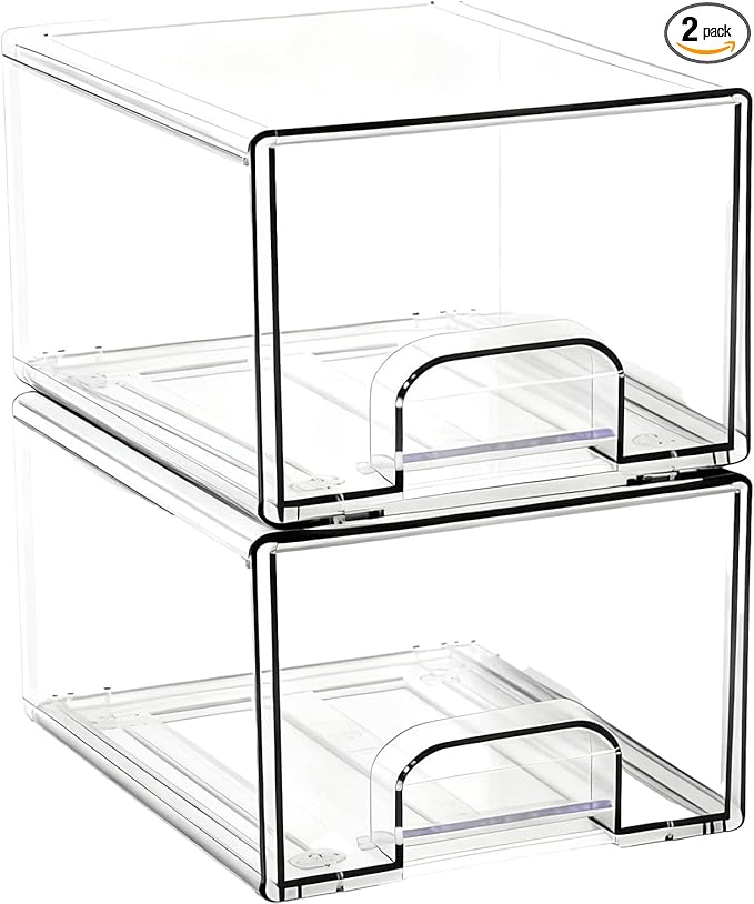 Acrylic Stackable Storage Drawers, [2-Pack] Clear Organizer Bins with Built-in Handles, Smooth Slide-Out Design for Vanity, U