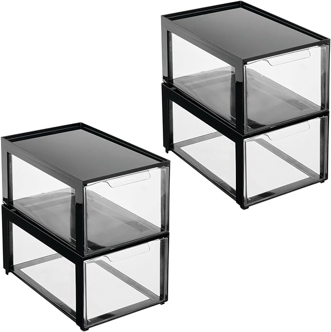 mDesign Plastic Desk Organizer and Storage Bin w/Pull Out Drawer - Stackable Office Storage Container for Office Supplies - D