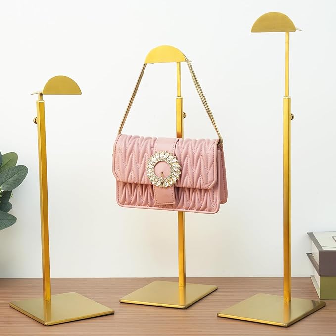 Purse Display Stand 3PCS Gold Handbag Stands for Bag Organizer Stainless Steel Hanging Hook Stands Adjustable Height Home Sto