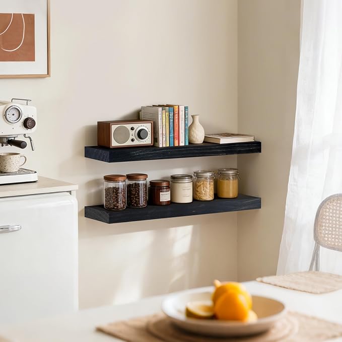 Floating Wall Shelves 24x6.8x1.7 Inch – Solid Wood Rustic Shelves in Black Finish – Wall Mounted Display Shelf for Bathroom, 