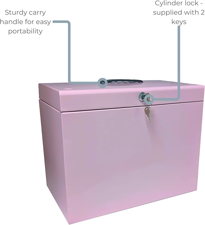 Cathedral Products A4 Steel File Box with Starter Pack of 5 Suspension Files - Pastel Pink