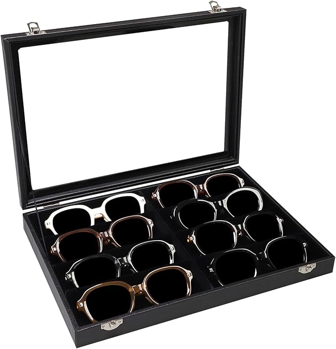 Wudygirl Jewelry and Sunglass Organizer - 8 Slot Storage With Clear Lid, Leather Eyeglasses Display for Women and Men (8 Grid