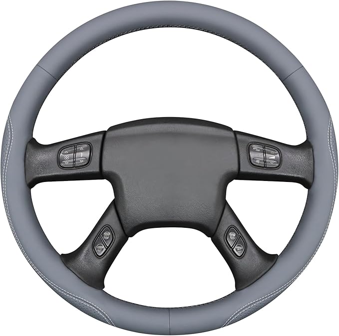 MEWANT Hand Stitch Steering Wheel Cover for Chevy Silverado 1500 2500 3500 2003-2006 Silverado Classic 2007 Trailblazer 2002-2009 Custom Grey Genuine Leather Interior Accessory Wrap Restoration Kit