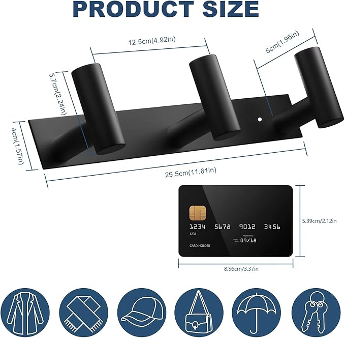 VAEHOLD Black Hat and Coat Wall Mount Rack - 3 Hooks for Robes, Bags, Keys, and Towels - Bathroom Towel Hanger Organizer (1 P