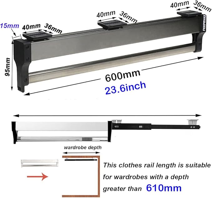 Closet Clothes Hanger Rail,Pull-Out Closet Rod 30-60cm,Wardrobe Clothing Rail,Closet Organizer Rack for Pants and Coat (600MM