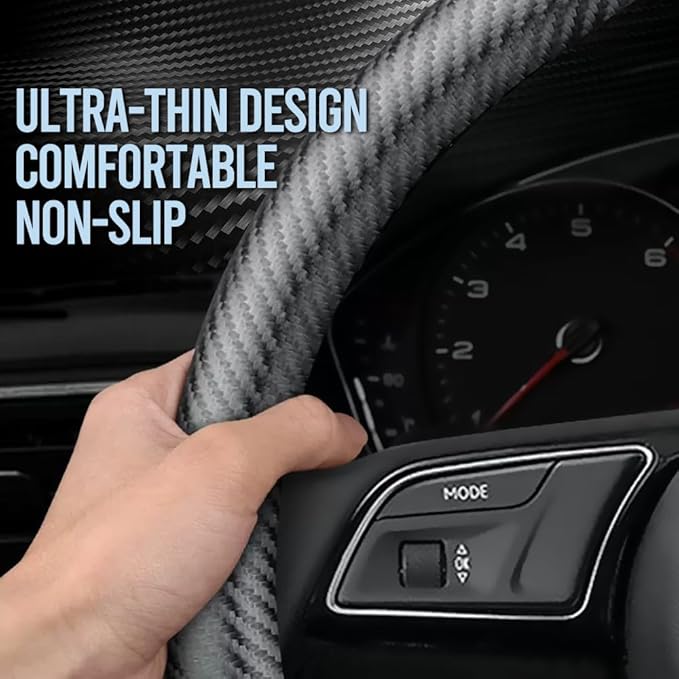 Carbon Fiber Leather car Steering Wheel Cover, Comfortable and Anti-Skid, Universal 15 inch (Black)