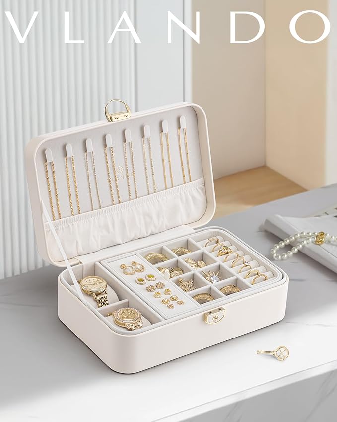 Vlando 2 Layer Jewelry Box,Jewelry Organizer Storage Lockable Earring Organizer Removable Jewelry Tray with Watch Pillow for 