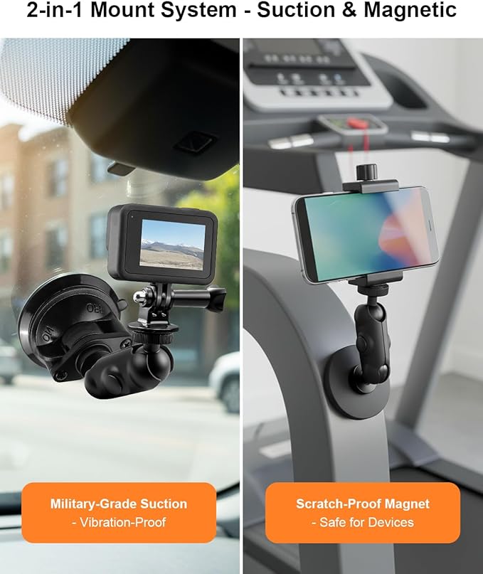 Universal Magnetic and Suction Cup Phone Holder, Adjustable Car Camera Mount for Dashboard Windshield Window, Compatible with Smartphones GoPro DJI OSMO Insta360 Cameras