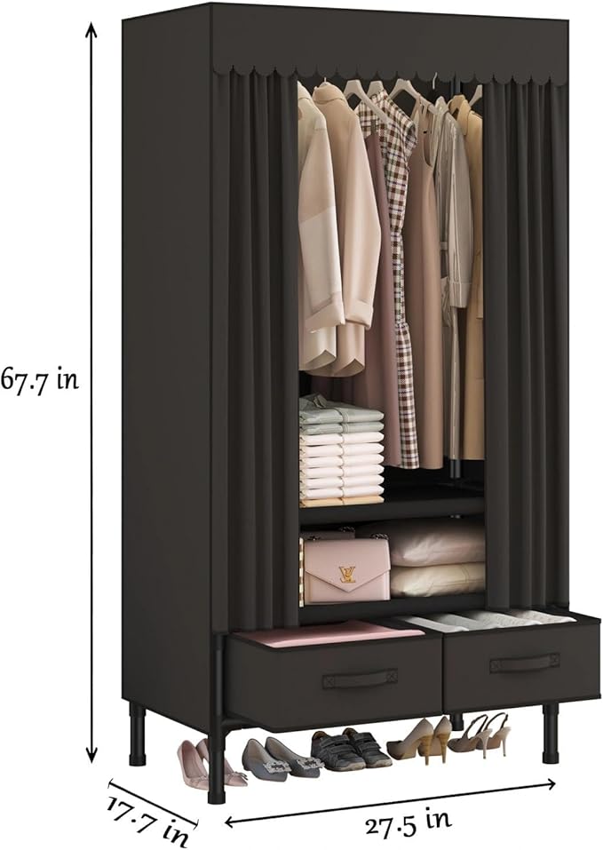 Portable Closet,Garment Rack,Heavy Duty Clothes Rack with Cover,Wardrobe Closet with 1 Hanging Rods, 2 Storage Shelves and 2 