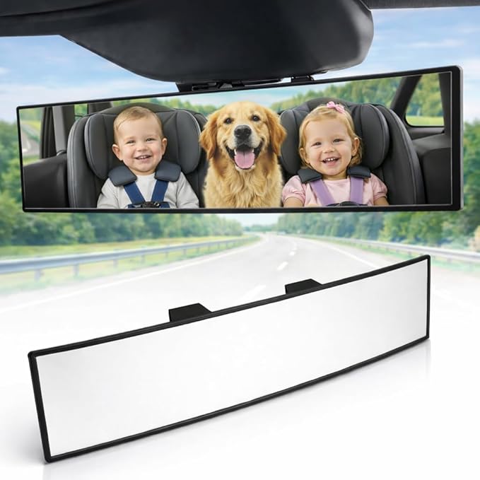 10.6" ICBEAMER Clip On Rear View Mirror | Flat Clear Tint Glass, Panoramic Wide Angle HD Glass, Anti Glare, Universal Fit for Car, SUV, Truck | Eliminates Blind Spots (1 Pack)