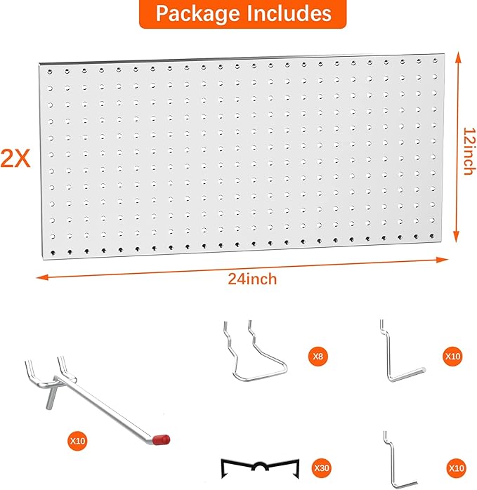 TORACK Metal Pegboard Wall Tool Organizer 24" x 24" or 12" x 48", 70 PCS Tools Storage Pegboard for Garage Peg Board Tool Org