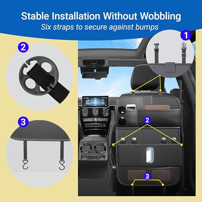 1 Pack Backseat Car Organizer, Large Capacity with Adjustable Foldable Table Tray, Waterproof PU Leather Back Seat Storage with Touch Screen Tablet Holder, Car Travel Essentials, Obsidian Black