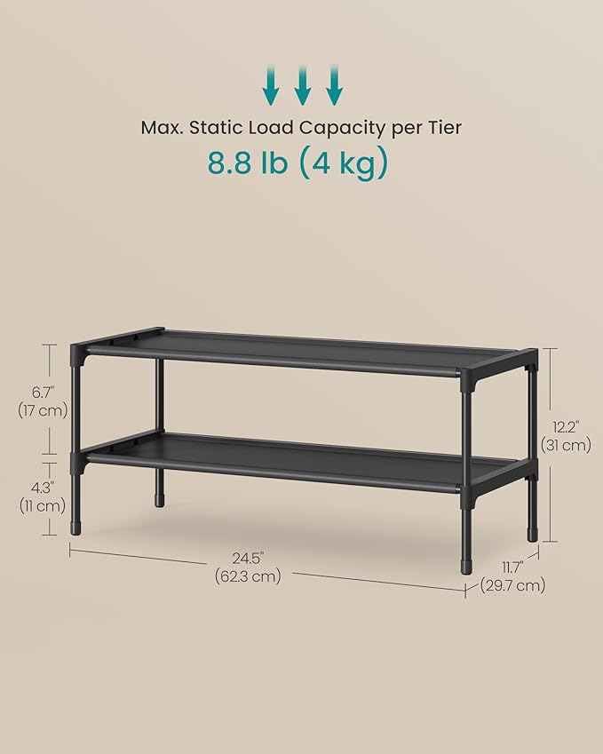 SONGMICS Shoe Rack, 2-Tier Shoe Storage Organizer, Space-Saving, 11.7 x 24.5 x 12.2 Inches, Entryway, Metal Frame, Non-Woven 