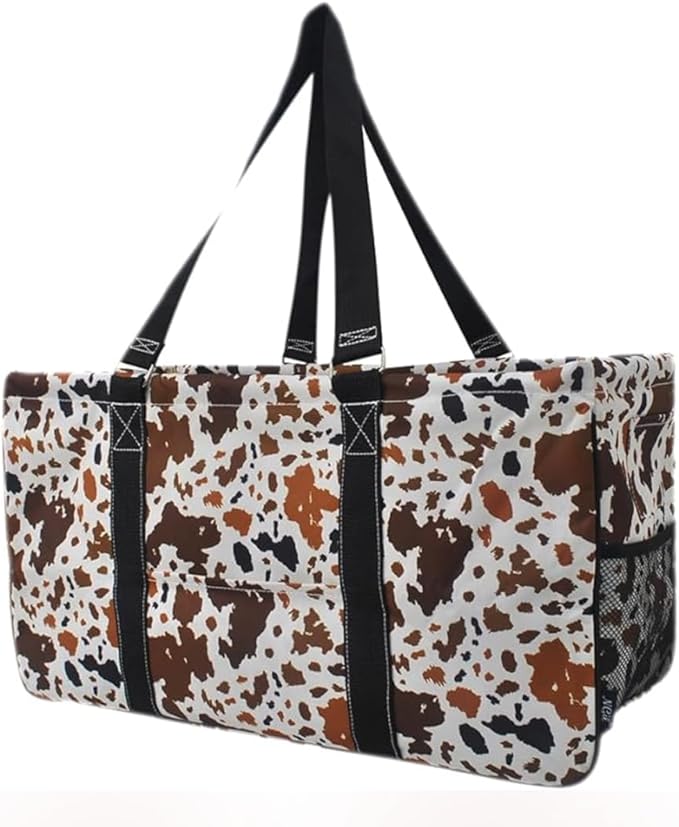NGIL Extra Large Utility Tote Reusable Grocery Bag Oversized Collapsible for Groceries, Storage, Picnic, Beach (Mocha Cow-Black)