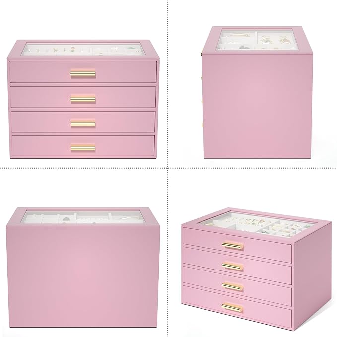AKOZLIN Jewelry Box with Clear Lid Functional Leather Jewelry Storage Organizer Case 4 Drawers for Women Girls Necklace Ring 