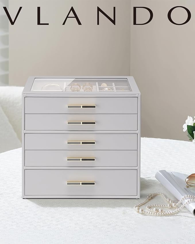 Vlando 5 Layer Jewelry Box for Women, Glass Lid Jewelry Organizer with 5 Drawers for Necklaces Rings Earrings Bracelets - Gre